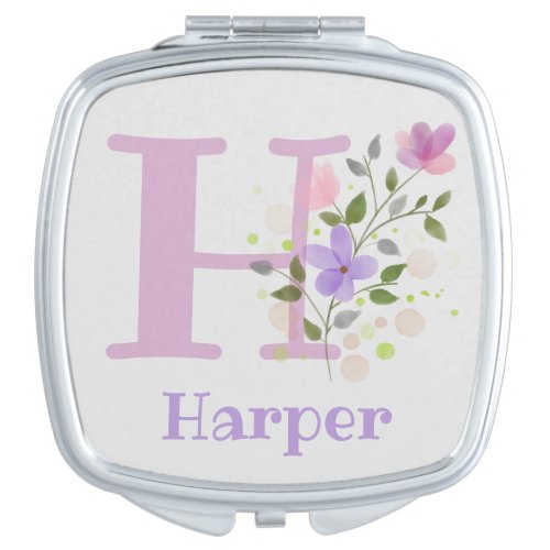 First Initial Plus Name Harper with Flowers Compact Mirror