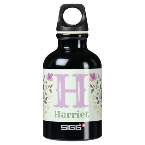 First Initial Plus Name Harriet with Flowers Aluminum Water Bottle