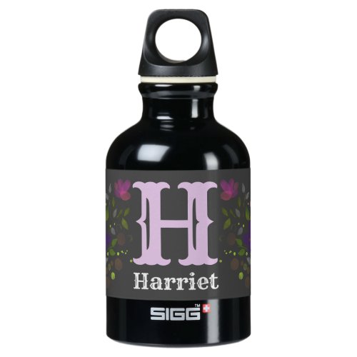 First Initial Plus Name Harriet with Flowers Aluminum Water Bottle