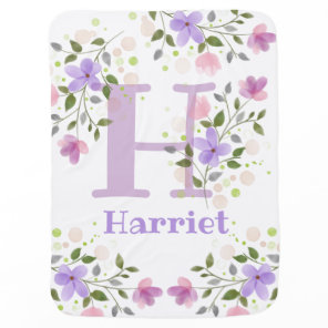 First Initial Plus Name Harriet with Flowers Baby Blanket