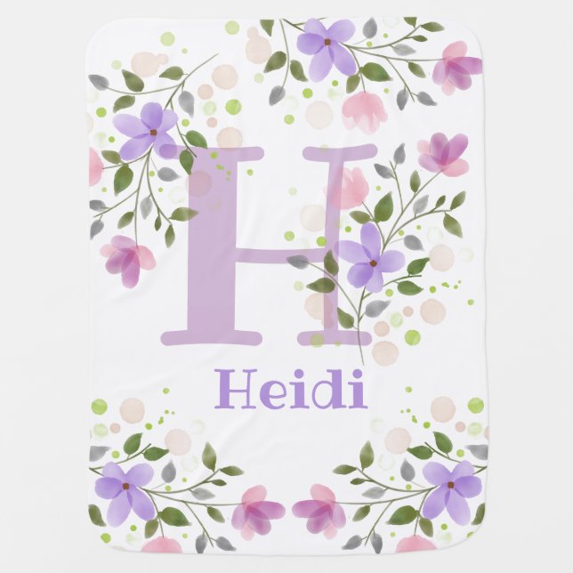 First Initial Plus Name Heidi with Flowers Baby Blanket (Front)