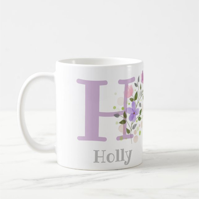 First Initial Plus Name Holly with Flowers Coffee Mug (Left)