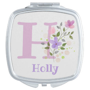 First Initial Plus Name Holly with Flowers Compact Mirror