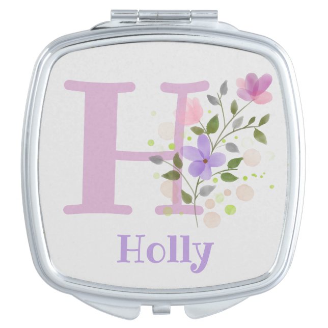 First Initial Plus Name Holly with Flowers Compact Mirror (Front)