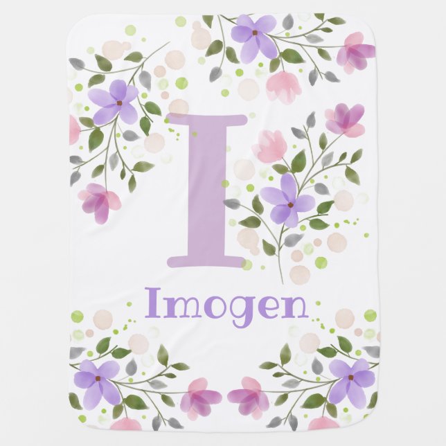 First Initial Plus Name Imogen with Flowers Baby Blanket (Front)