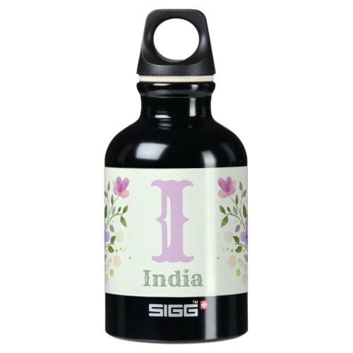 First Initial Plus Name India with Flowers Aluminum Water Bottle