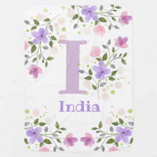 First Initial Plus Name India with Flowers Baby Blanket