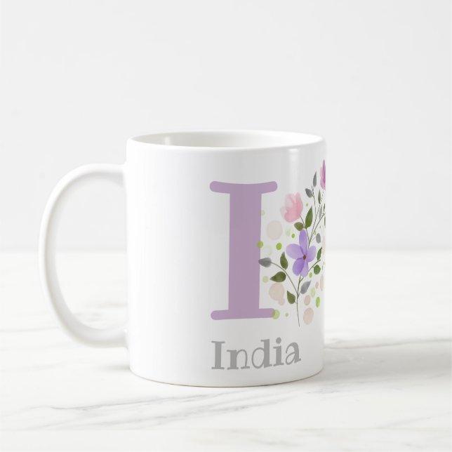 First Initial Plus Name India with Flowers Coffee Mug (Left)