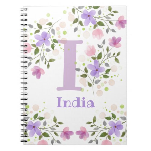First Initial Plus Name India with Flowers Notebook