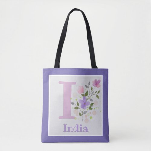 First Initial Plus Name India with Flowers Tote Bag