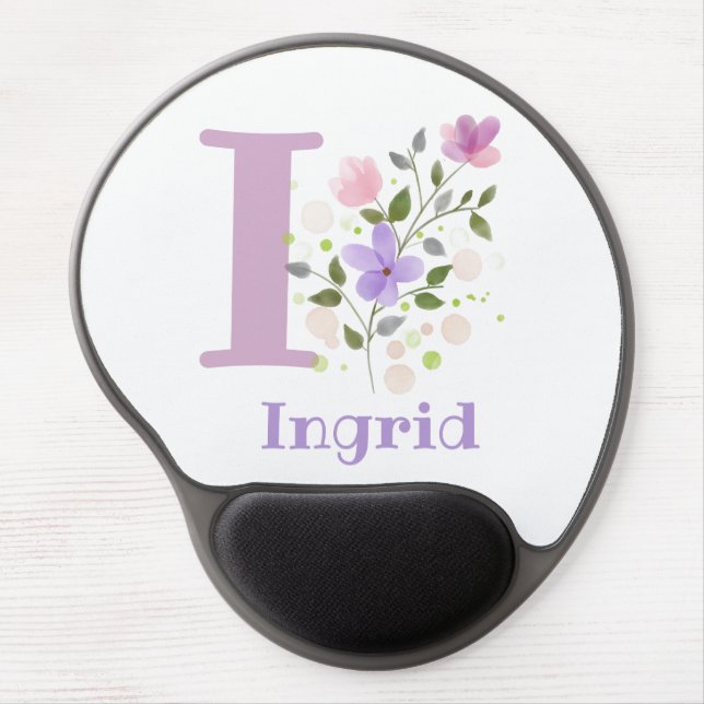 First Initial Plus Name Ingrid with Flowers Gel Mouse Pad (Front)