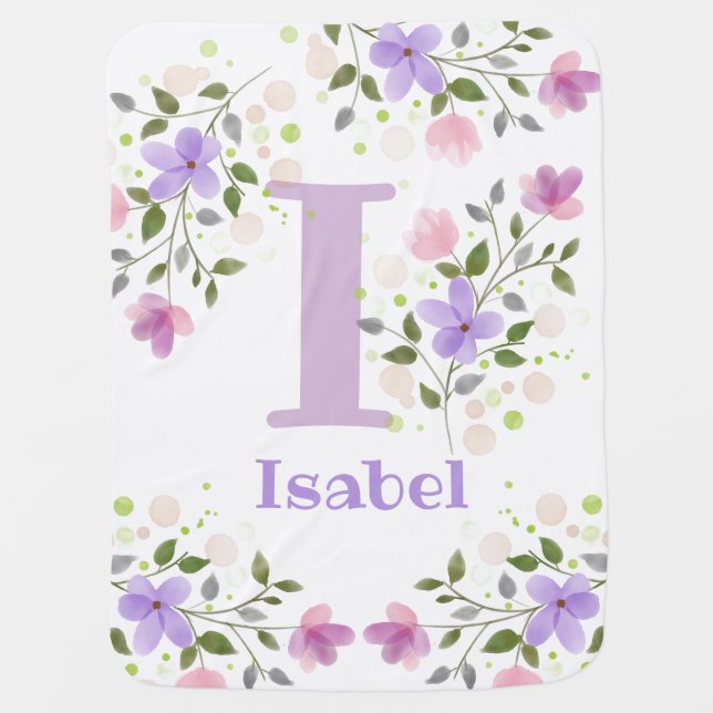 First Initial Plus Name Isabel with Flowers Baby Blanket (Front)