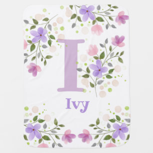 First Initial Plus Name Ivy with Flowers Baby Blanket