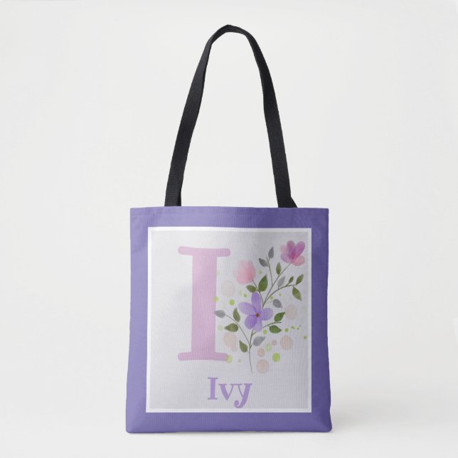First Initial Plus Name Ivy with Flowers Tote Bag (Front)