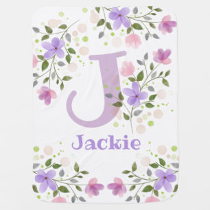 First Initial Plus Name Jackie with Flowers Baby Blanket