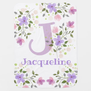 First Initial Plus Name Jacqueline with Flowers Baby Blanket