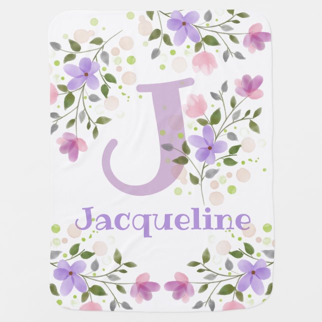 First Initial Plus Name Jacqueline with Flowers Baby Blanket (Front)