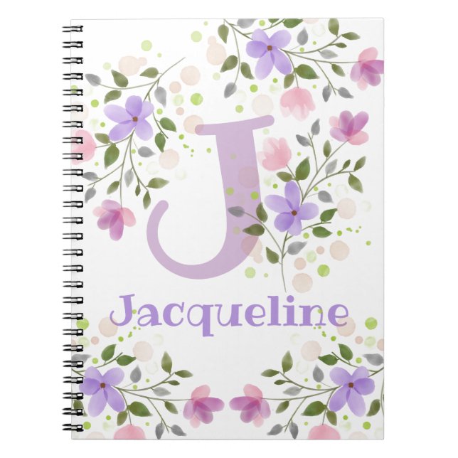 First Initial Plus Name Jacqueline with Flowers Notebook (Front)