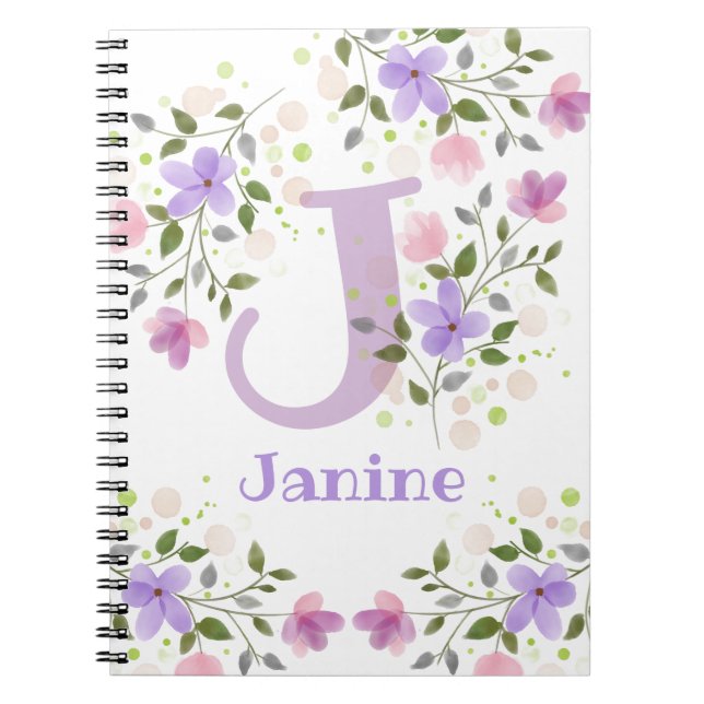 First Initial Plus Name Janine with Flowers Notebook (Front)
