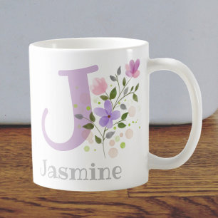 First Initial Plus Name Jasmine with Flowers Coffee Mug