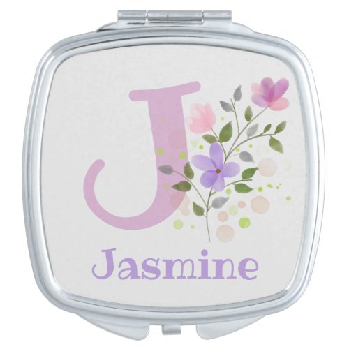 First Initial Plus Name Jasmine with Flowers Compact Mirror