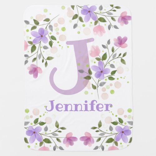 First Initial Plus Name Jennifer with Flowers Baby Blanket