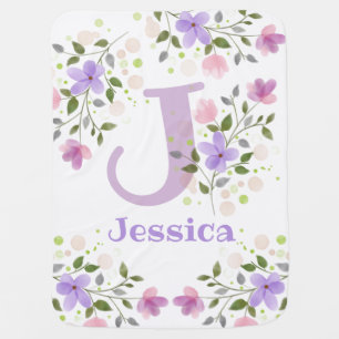 First Initial Plus Name Jessica with Flowers Baby Blanket