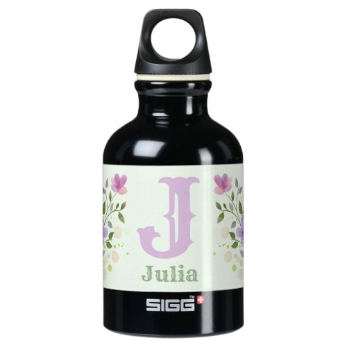 First Initial Plus Name Julia with Flowers Aluminum Water Bottle