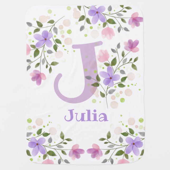 First Initial Plus Name Julia with Flowers Baby Blanket (Front)