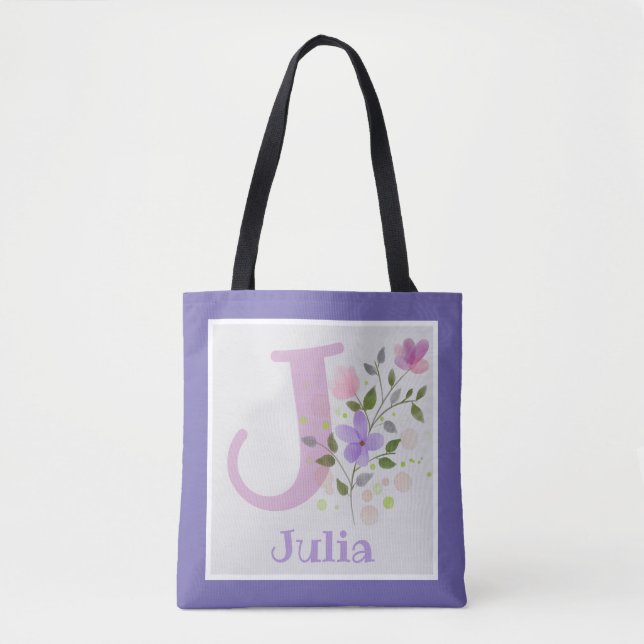 First Initial Plus Name Julia with Flowers Tote Bag (Front)