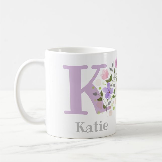 First Initial Plus Name Katie with Flowers Coffee Mug (Left)