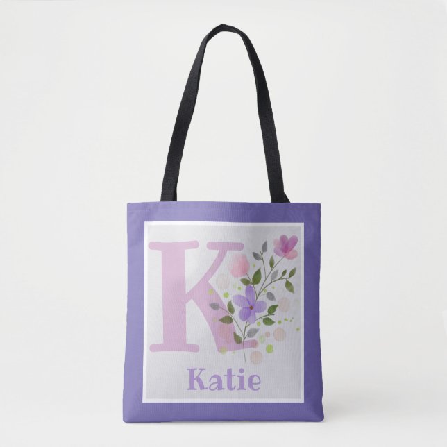 First Initial Plus Name Katie with Flowers Tote Bag (Front)