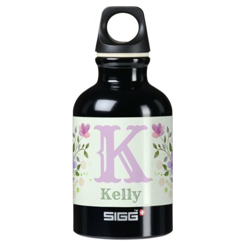First Initial Plus Name Kelly with Flowers Aluminum Water Bottle