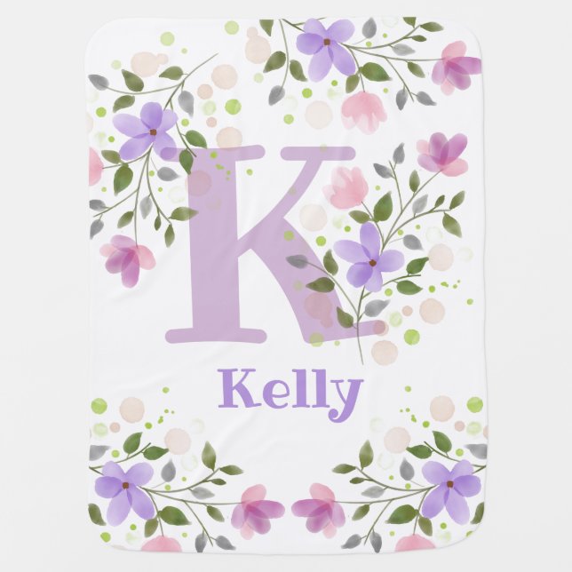 First Initial Plus Name Kelly with Flowers Baby Blanket (Front)