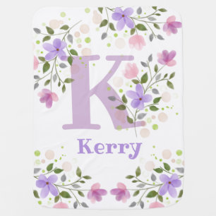 First Initial Plus Name Kerry with Flowers Baby Blanket