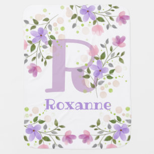 First Initial Plus Name Roxanne with Flowers Baby Blanket