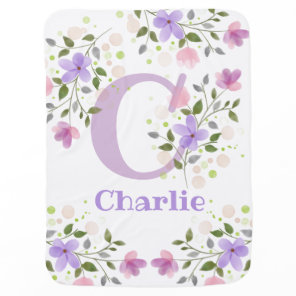 First Initial Plus Name with Flowers Baby Blanket