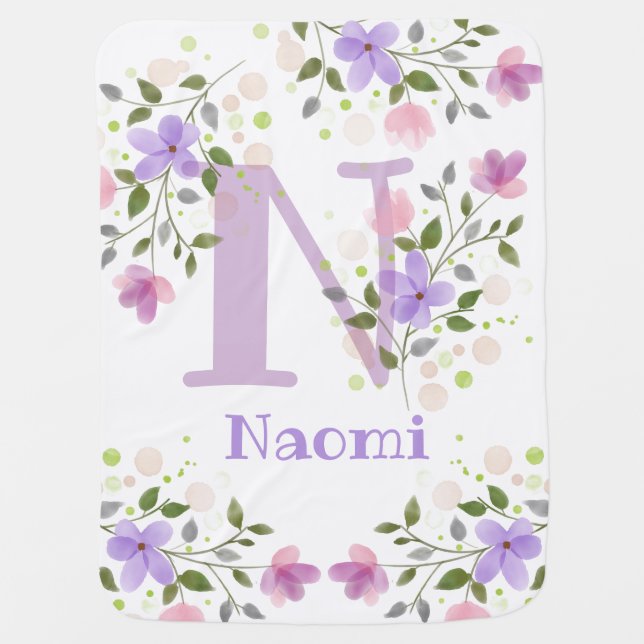 First Initial Plus Name with Flowers Baby Blanket (Front)