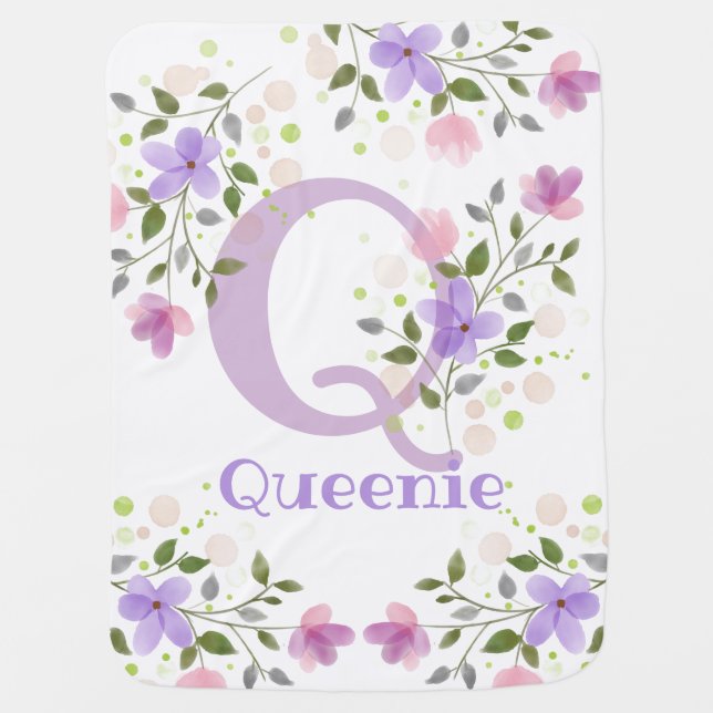 First Initial Plus Name with Flowers Baby Blanket (Front)