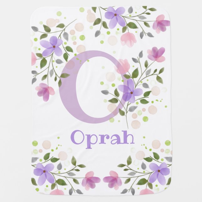 First Initial Plus Name with Flowers Baby Blanket (Front)