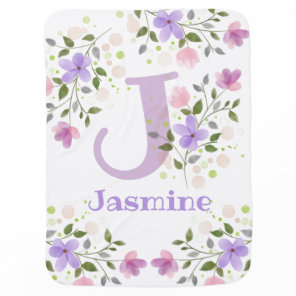First Initial Plus Name with Flowers Baby Blanket