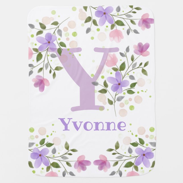 First Initial Plus Name with Flowers Baby Blanket (Front)