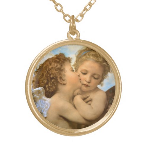 First Kiss angel detail by Bouguereau Gold Plated Necklace