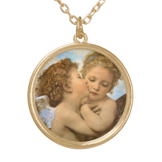 First Kiss (angel detail) by Bouguereau Gold Plated Necklace (Front)