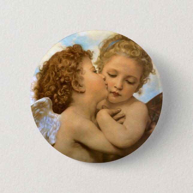First Kiss (angel detail) by Bouguereau Pinback Button (Front)