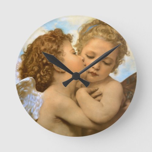 First Kiss angel detail by Bouguereau Round Clock