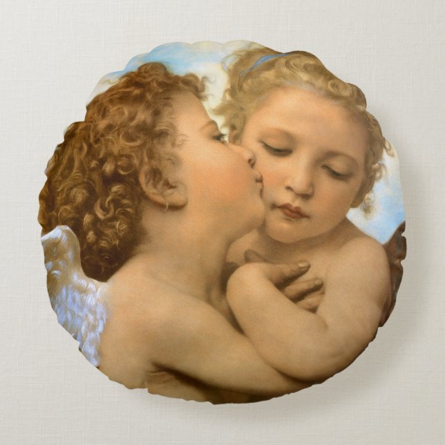 First Kiss (angel detail) by Bouguereau Round Pillow (Front)