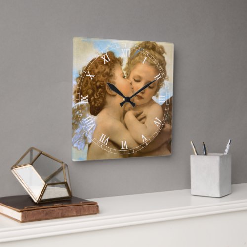 First Kiss (angel detail) by Bouguereau Square Wall Clock