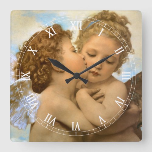 First Kiss angel detail by Bouguereau Square Wall Clock