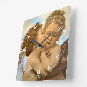 First Kiss (angel detail) by Bouguereau Square Wall Clock